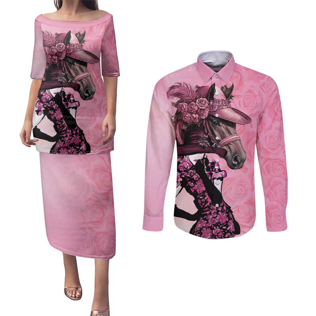 Kentucky Horse Racing Couples Matching Puletasi and Long Sleeve Button Shirt Derby Ladies With Roses