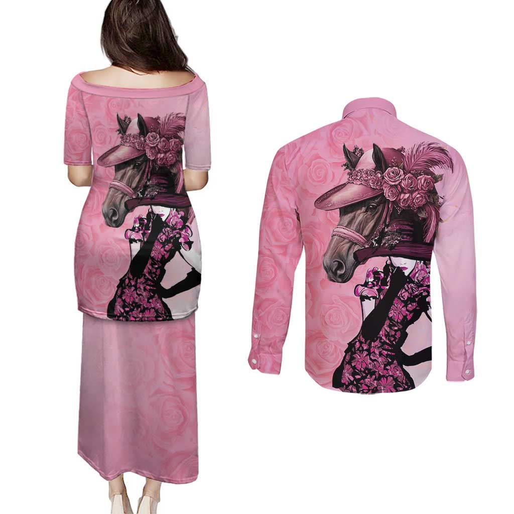 Kentucky Horse Racing Couples Matching Puletasi and Long Sleeve Button Shirt Derby Ladies With Roses