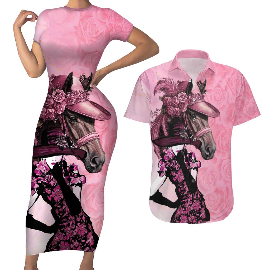 Kentucky Horse Racing Couples Matching Short Sleeve Bodycon Dress and Hawaiian Shirt Derby Ladies With Roses