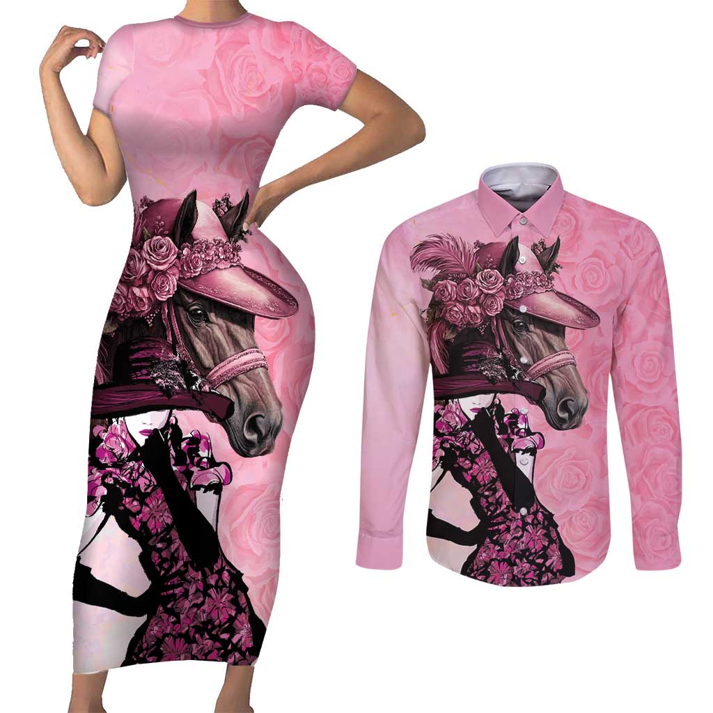 Kentucky Horse Racing Couples Matching Short Sleeve Bodycon Dress and Long Sleeve Button Shirt Derby Ladies With Roses
