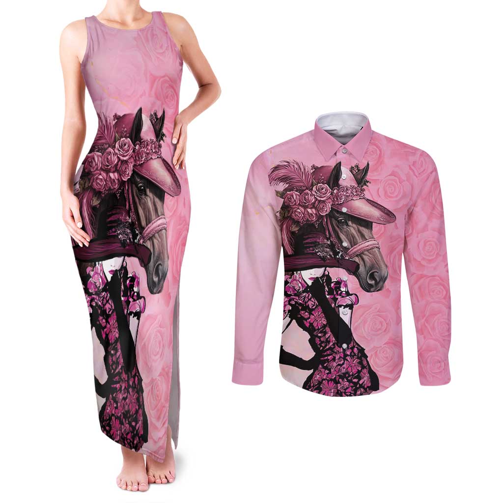 Kentucky Horse Racing Couples Matching Tank Maxi Dress and Long Sleeve Button Shirt Derby Ladies With Roses