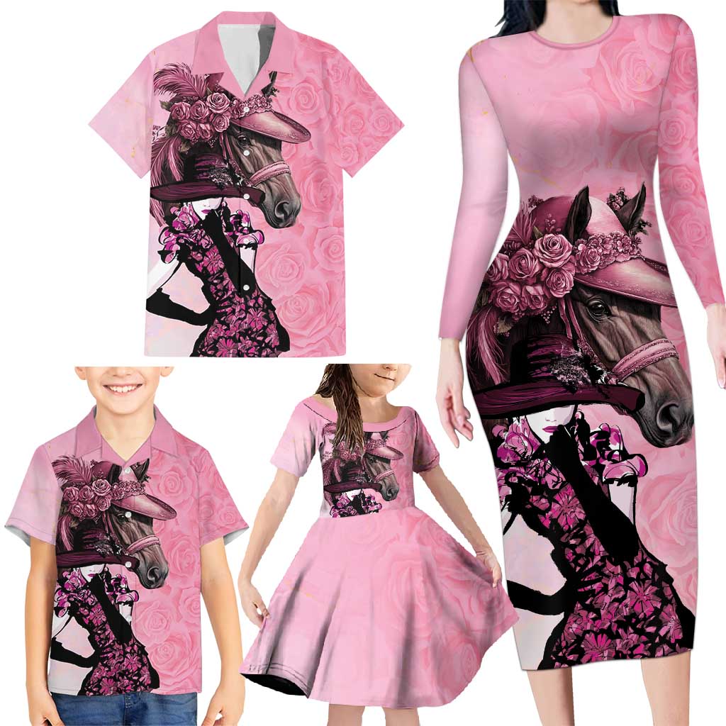 Kentucky Horse Racing Family Matching Long Sleeve Bodycon Dress and Hawaiian Shirt Derby Ladies With Roses