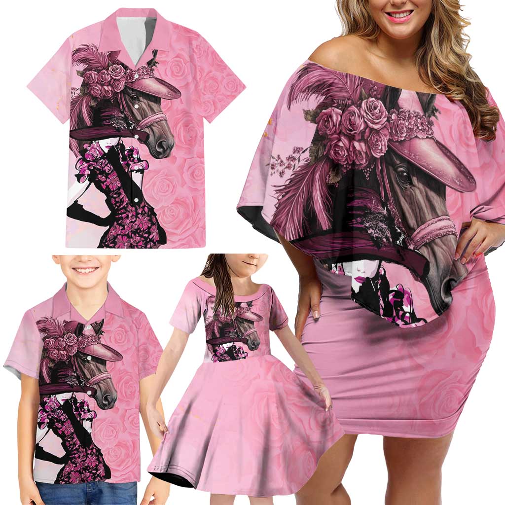 Kentucky Horse Racing Family Matching Off Shoulder Short Dress and Hawaiian Shirt Derby Ladies With Roses