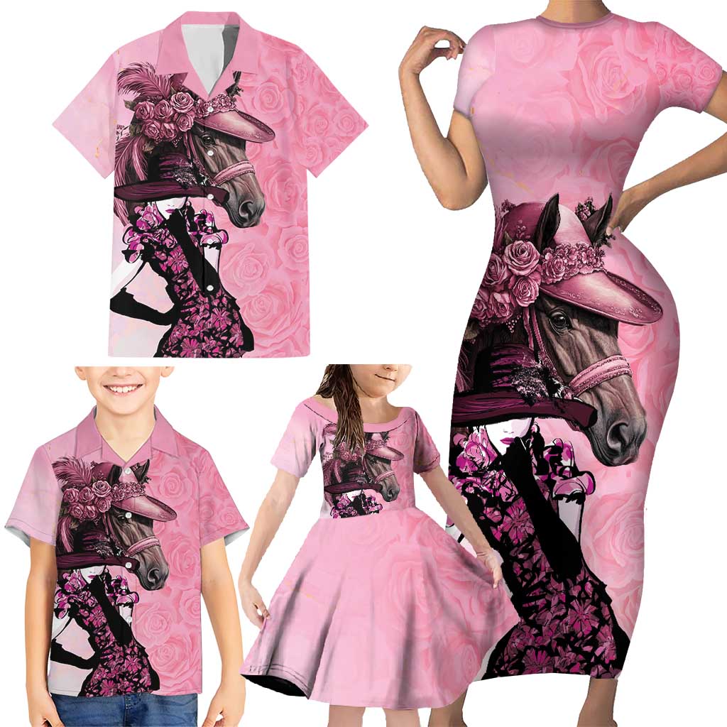 Kentucky Horse Racing Family Matching Short Sleeve Bodycon Dress and Hawaiian Shirt Derby Ladies With Roses