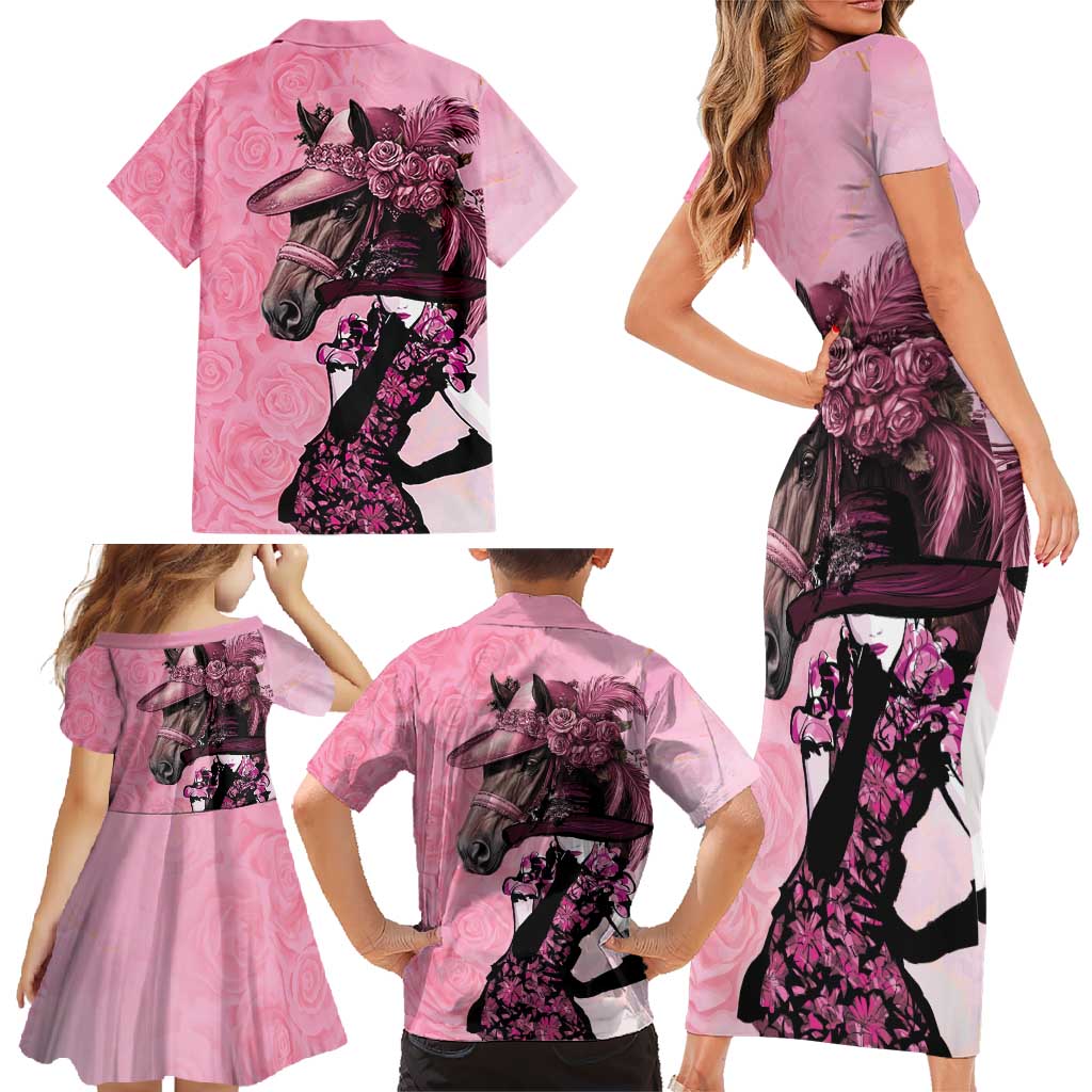Kentucky Horse Racing Family Matching Short Sleeve Bodycon Dress and Hawaiian Shirt Derby Ladies With Roses