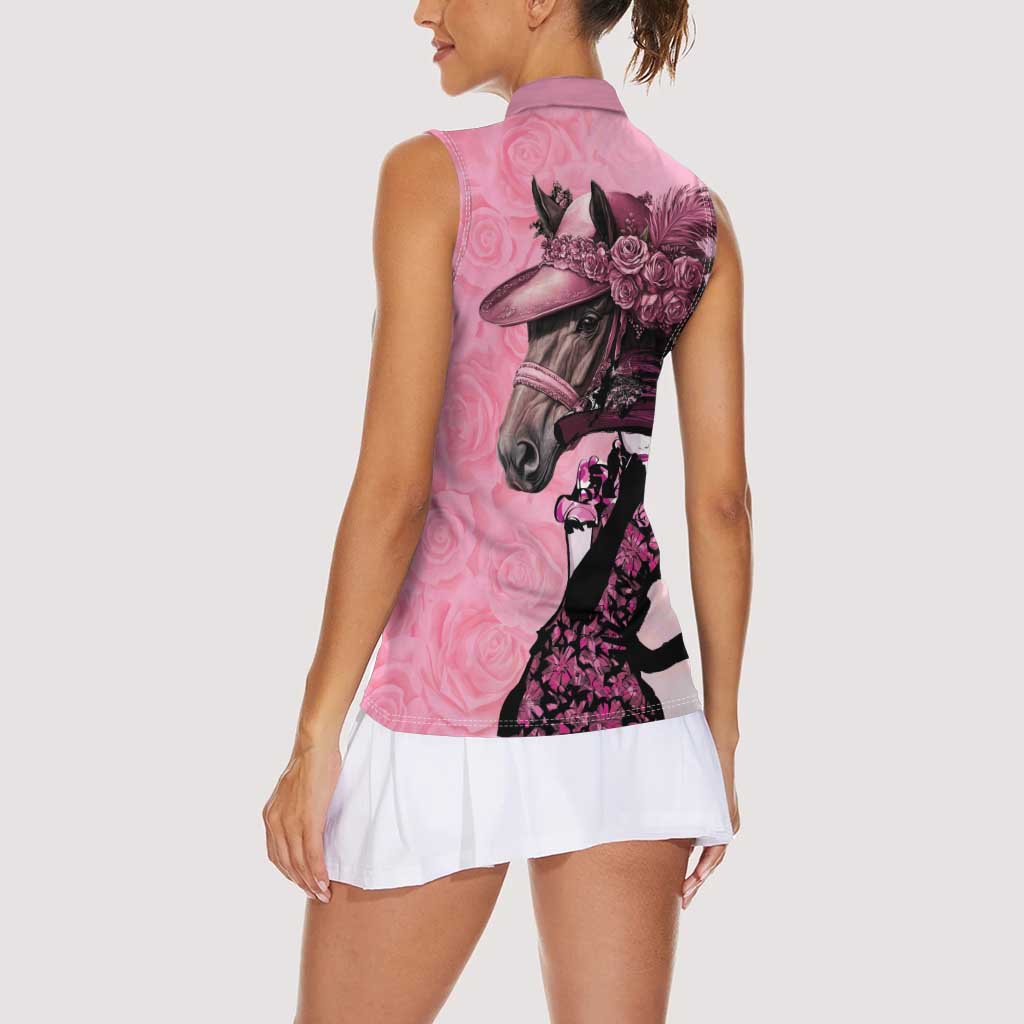 Kentucky Horse Racing Women Sleeveless Polo Shirt Derby Ladies With Roses