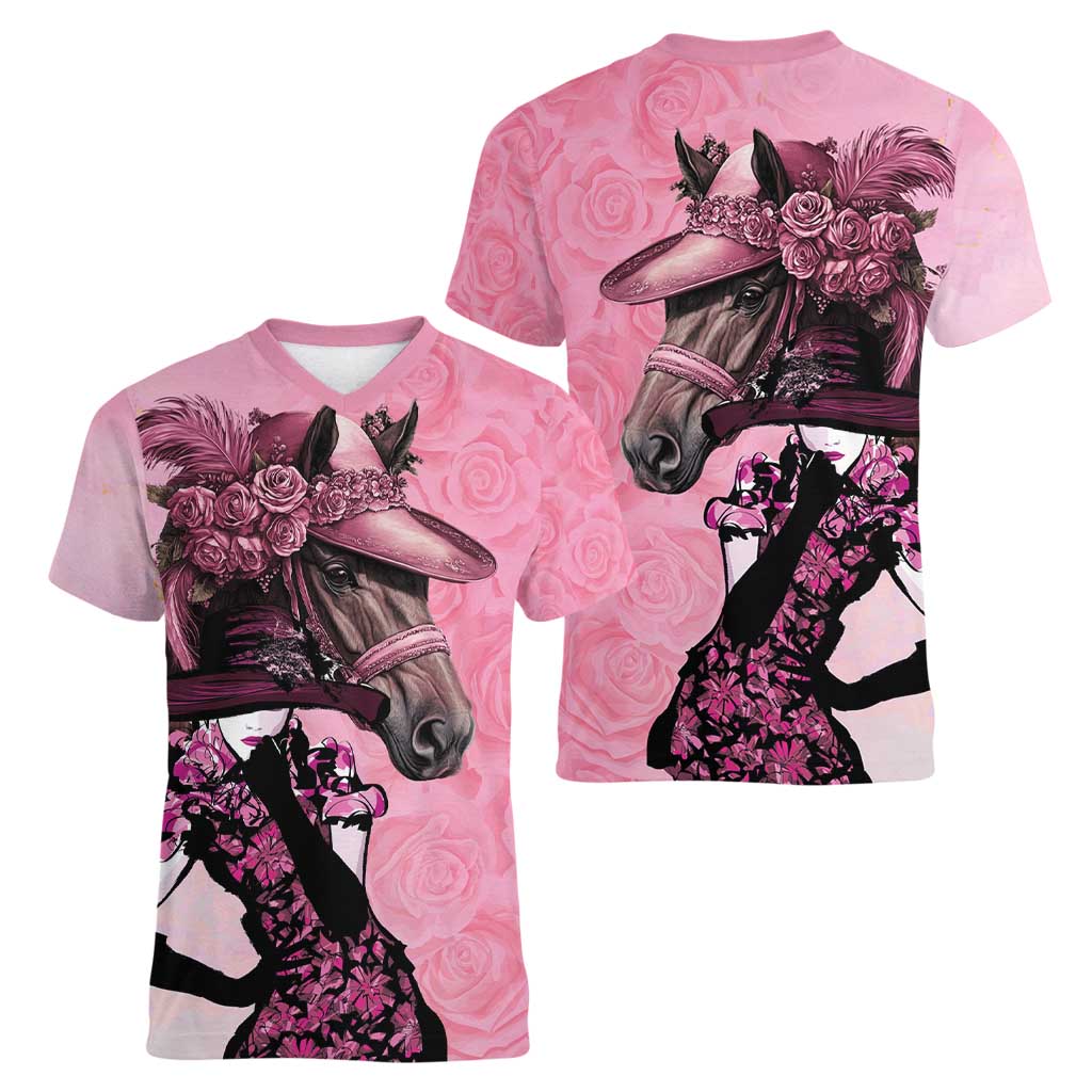 Kentucky Horse Racing Women V-Neck T-Shirt Derby Ladies With Roses