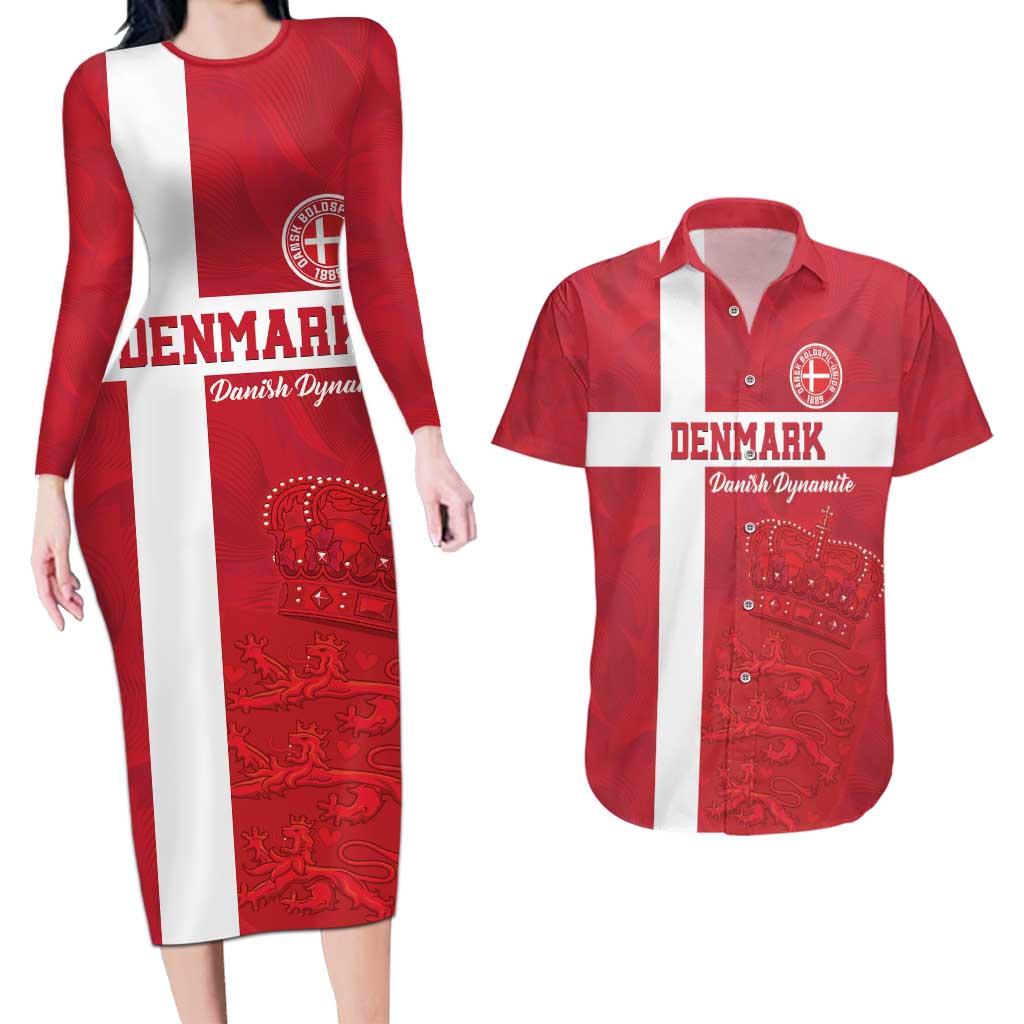 Custom Denmark Football Couples Matching Long Sleeve Bodycon Dress and Hawaiian Shirt Danish Dynamite Go Champion
