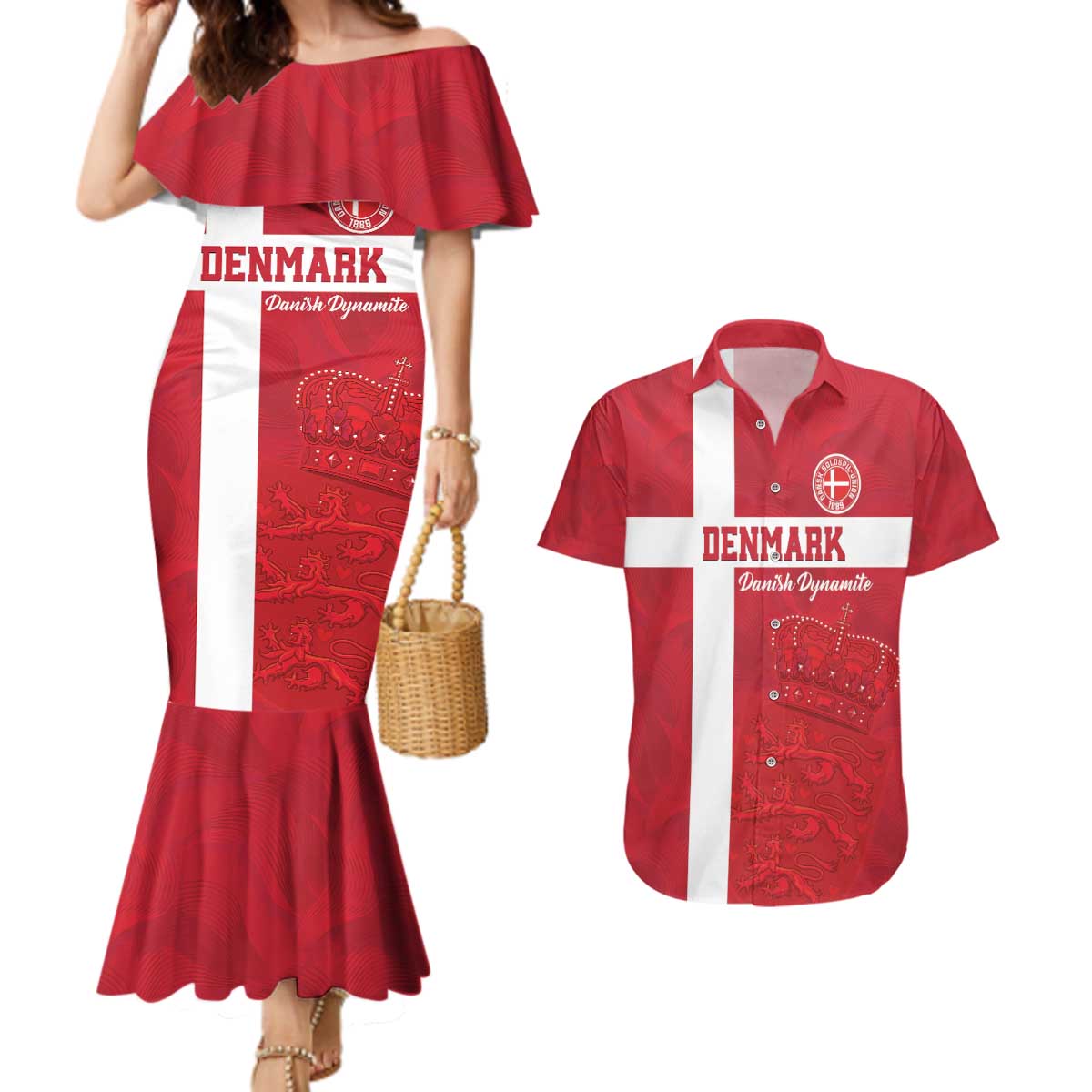 Custom Denmark Football Couples Matching Mermaid Dress and Hawaiian Shirt Danish Dynamite Go Champion