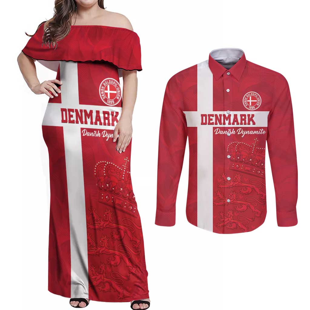 Custom Denmark Football Couples Matching Off Shoulder Maxi Dress and Long Sleeve Button Shirt Danish Dynamite Go Champion
