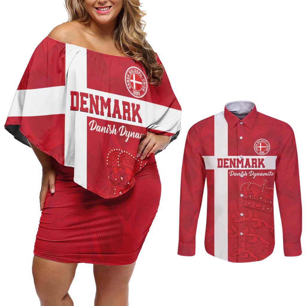 Custom Denmark Football Couples Matching Off Shoulder Short Dress and Long Sleeve Button Shirt Danish Dynamite Go Champion