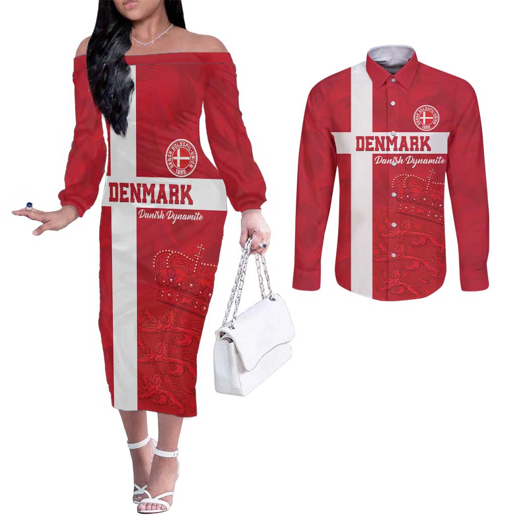 Custom Denmark Football Couples Matching Off The Shoulder Long Sleeve Dress and Long Sleeve Button Shirt Danish Dynamite Go Champion