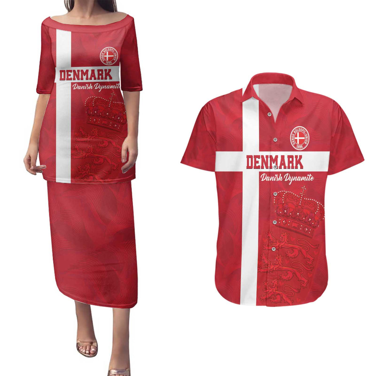Custom Denmark Football Couples Matching Puletasi and Hawaiian Shirt Danish Dynamite Go Champion