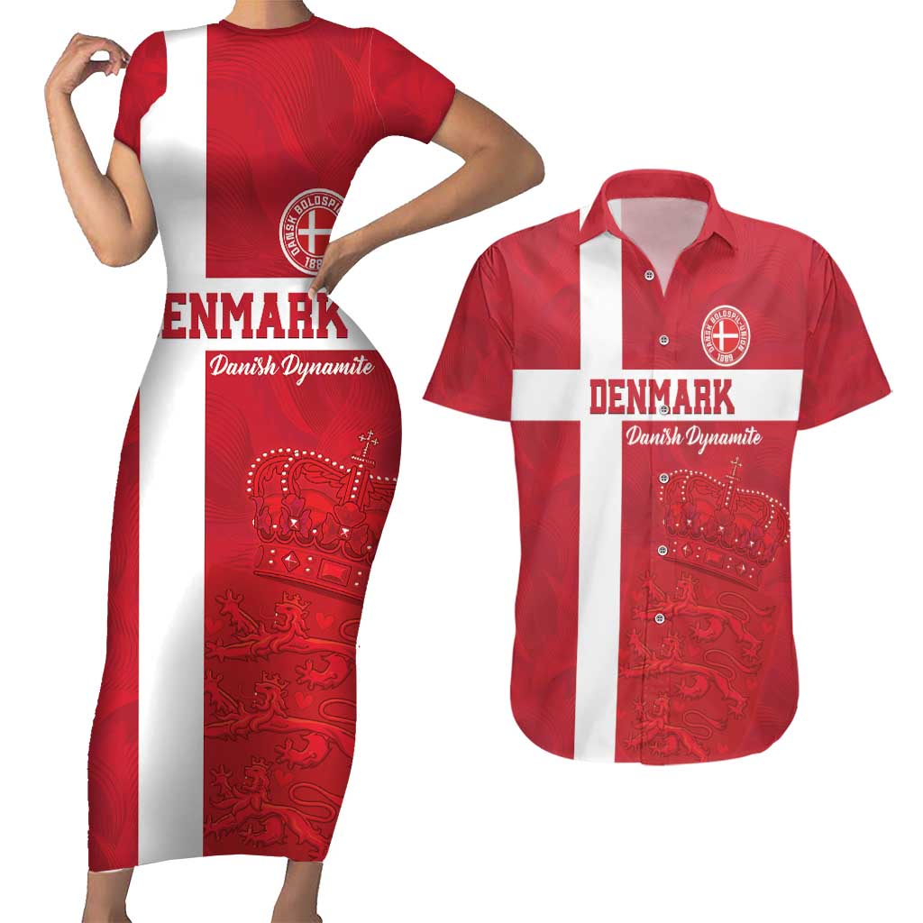 Custom Denmark Football Couples Matching Short Sleeve Bodycon Dress and Hawaiian Shirt Danish Dynamite Go Champion