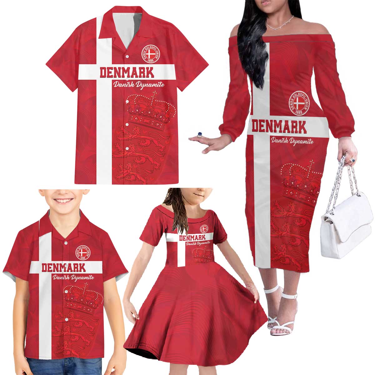 Custom Denmark Football Family Matching Off The Shoulder Long Sleeve Dress and Hawaiian Shirt Danish Dynamite Go Champion