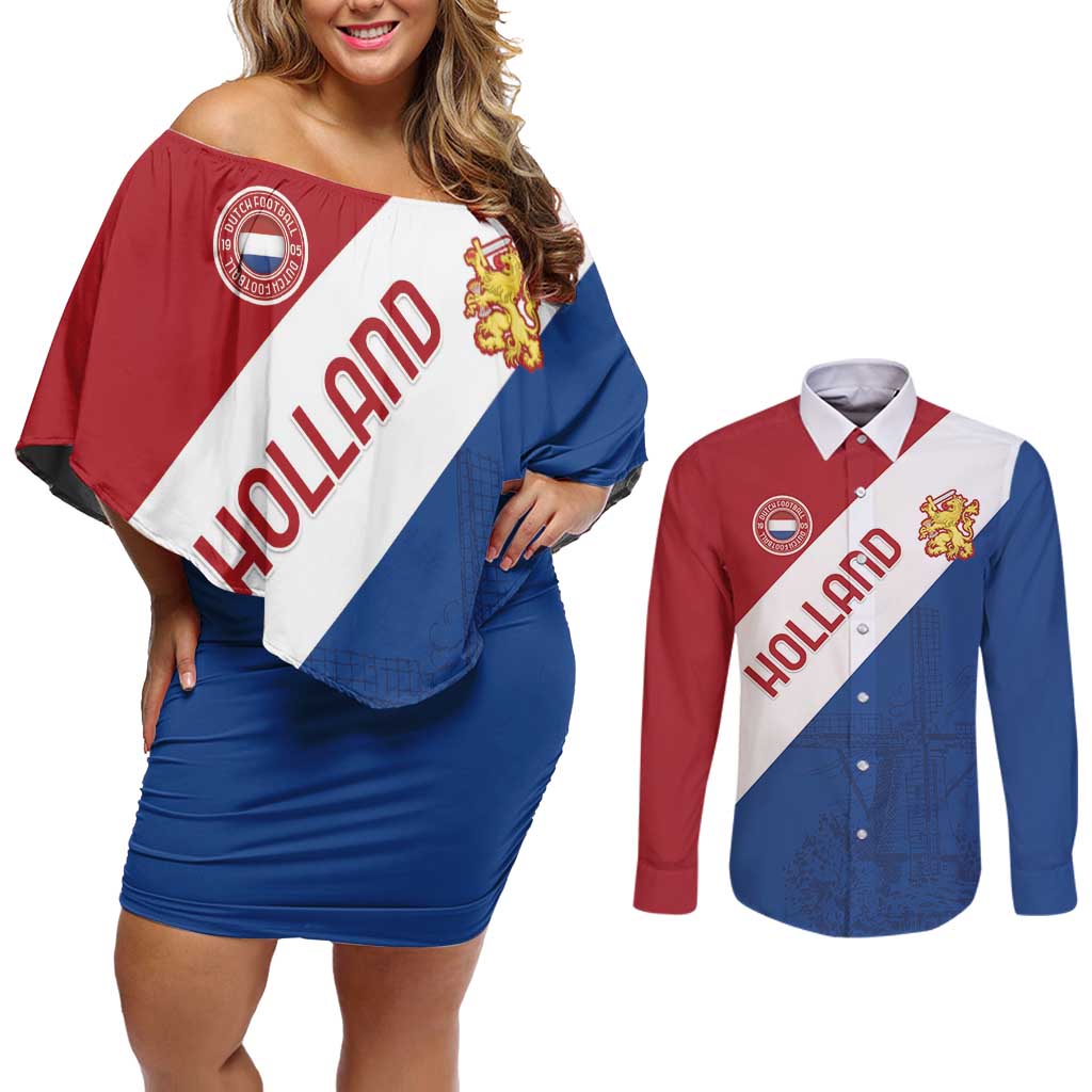 Custom Netherlands Football Couples Matching Off Shoulder Short Dress and Long Sleeve Button Shirt Come On Holland