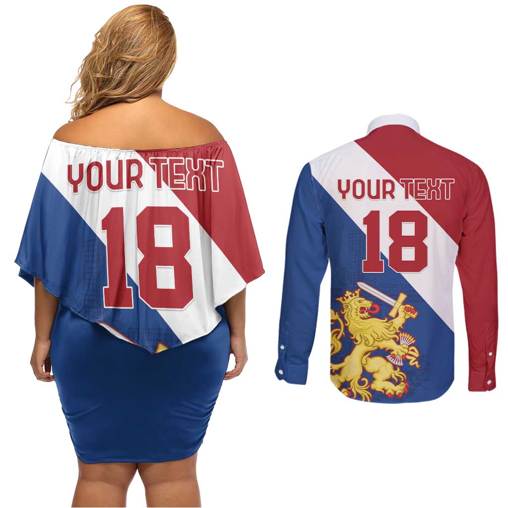 Custom Netherlands Football Couples Matching Off Shoulder Short Dress and Long Sleeve Button Shirt Come On Holland