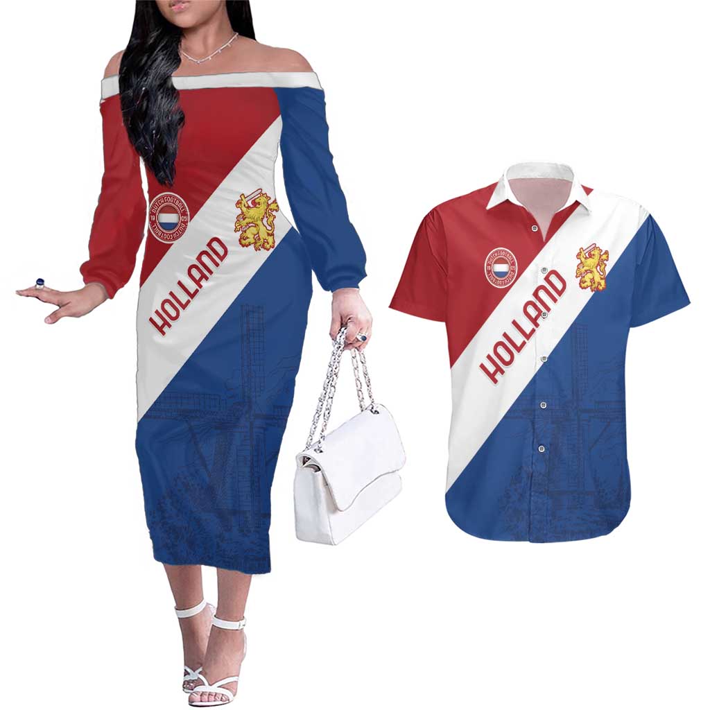 Custom Netherlands Football Couples Matching Off The Shoulder Long Sleeve Dress and Hawaiian Shirt Come On Holland