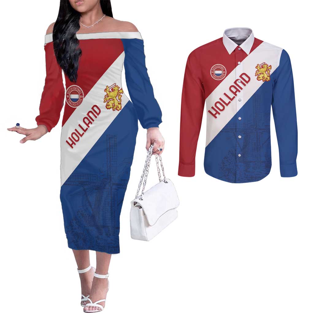 Custom Netherlands Football Couples Matching Off The Shoulder Long Sleeve Dress and Long Sleeve Button Shirt Come On Holland
