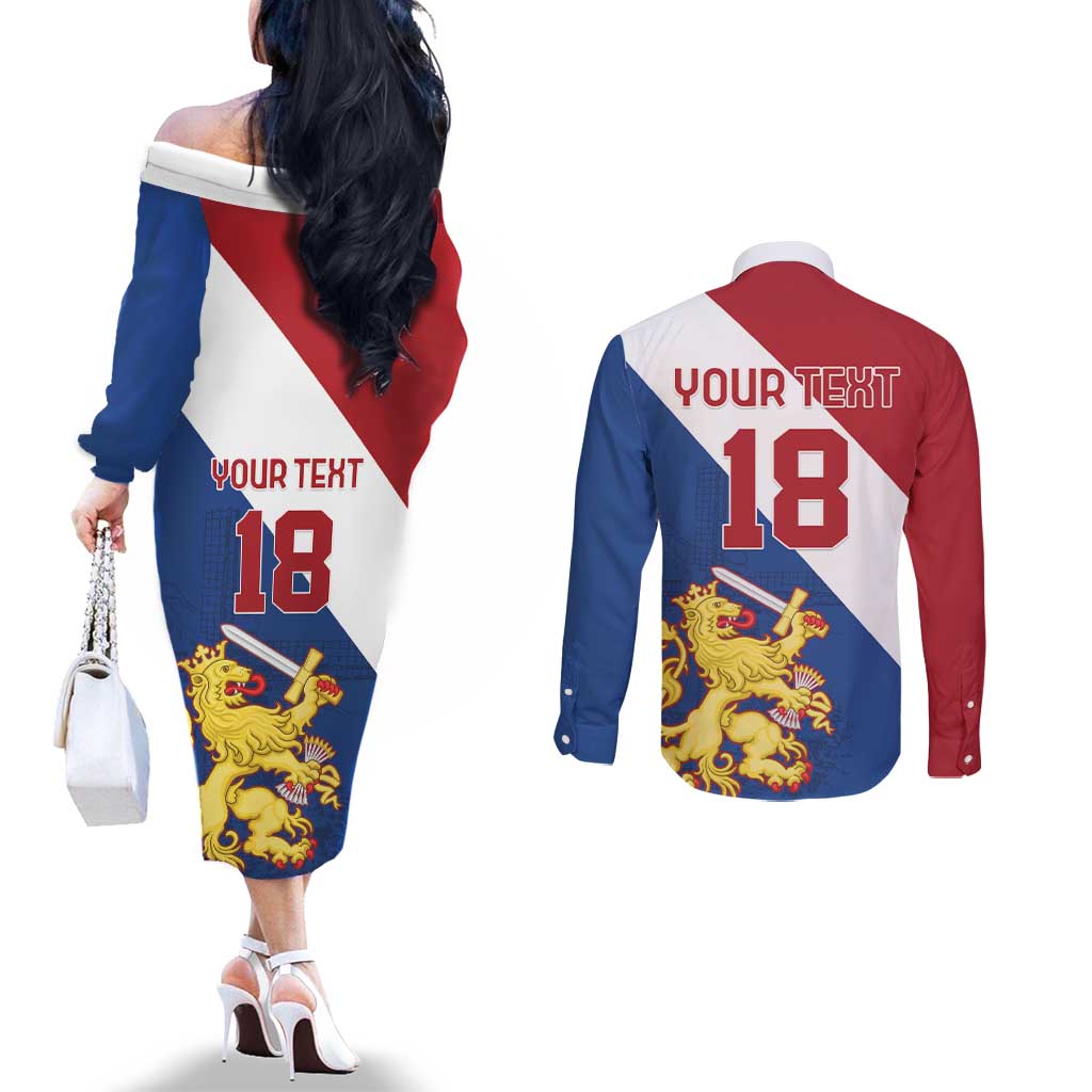 Custom Netherlands Football Couples Matching Off The Shoulder Long Sleeve Dress and Long Sleeve Button Shirt Come On Holland