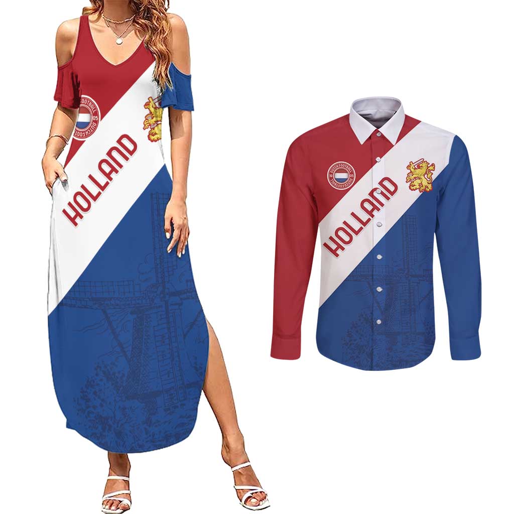 Custom Netherlands Football Couples Matching Summer Maxi Dress and Long Sleeve Button Shirt Come On Holland