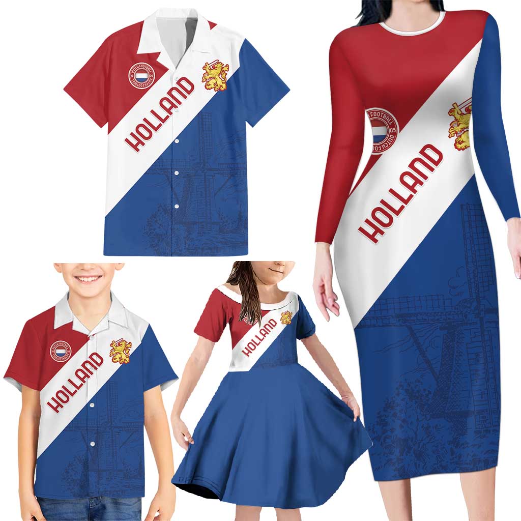 Custom Netherlands Football Family Matching Long Sleeve Bodycon Dress and Hawaiian Shirt Come On Holland