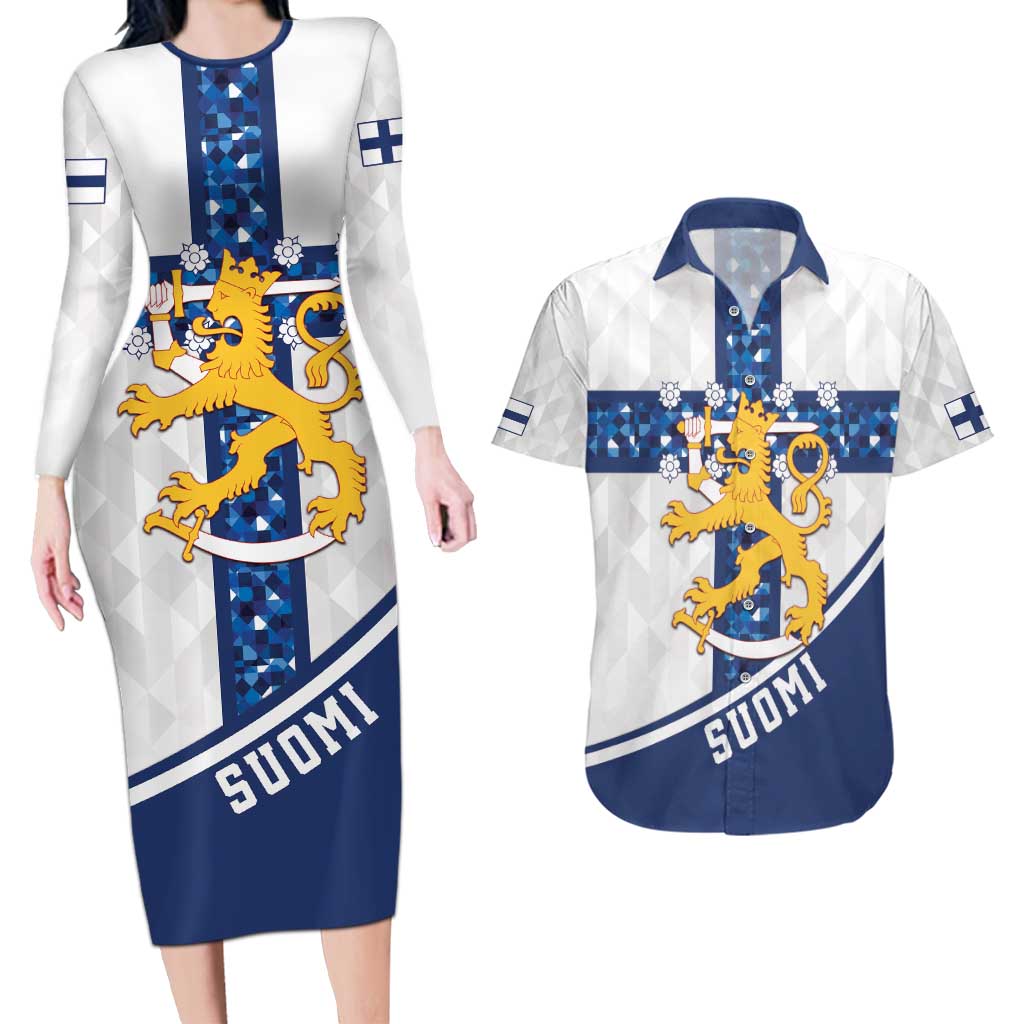 Custom Finland Football Couples Matching Long Sleeve Bodycon Dress and Hawaiian Shirt Suomen jalkapallomaajoukkue