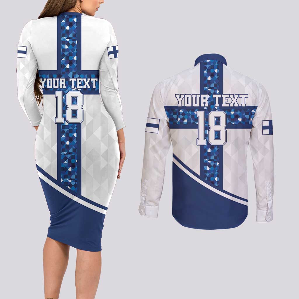 Custom Finland Football Couples Matching Long Sleeve Bodycon Dress and Long Sleeve Button Shirt Suomen jalkapallomaajoukkue