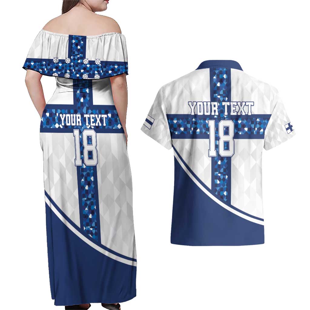 Custom Finland Football Couples Matching Off Shoulder Maxi Dress and Hawaiian Shirt Suomen jalkapallomaajoukkue