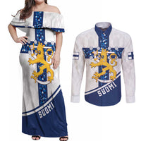 Custom Finland Football Couples Matching Off Shoulder Maxi Dress and Long Sleeve Button Shirt Suomen jalkapallomaajoukkue