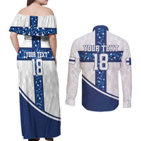Custom Finland Football Couples Matching Off Shoulder Maxi Dress and Long Sleeve Button Shirt Suomen jalkapallomaajoukkue