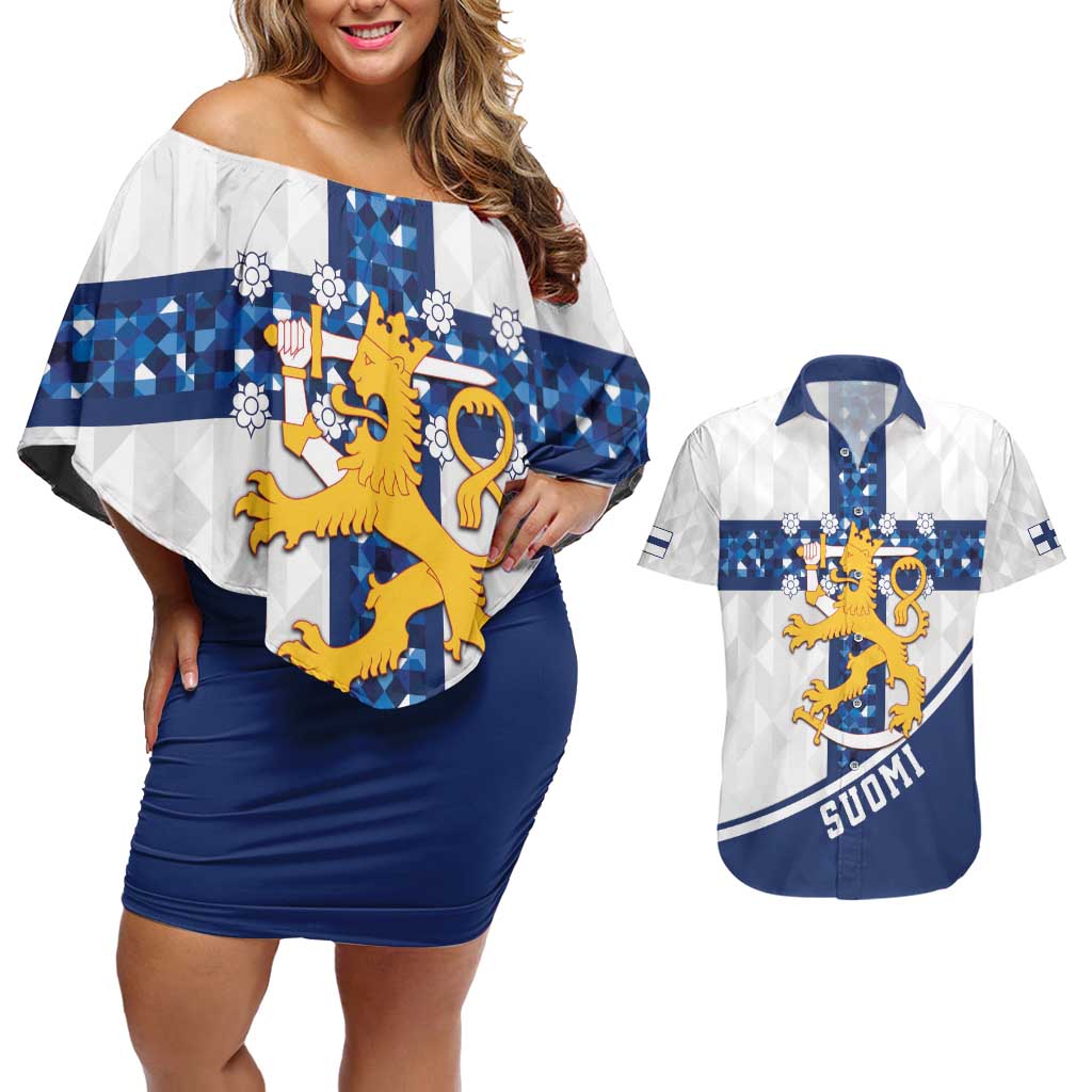 Custom Finland Football Couples Matching Off Shoulder Short Dress and Hawaiian Shirt Suomen jalkapallomaajoukkue