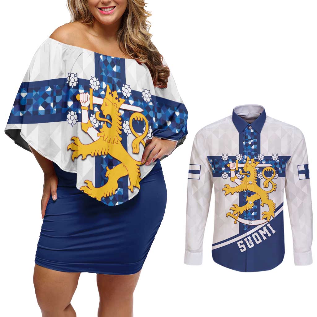 Custom Finland Football Couples Matching Off Shoulder Short Dress and Long Sleeve Button Shirt Suomen jalkapallomaajoukkue
