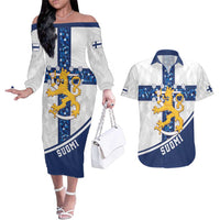 Custom Finland Football Couples Matching Off The Shoulder Long Sleeve Dress and Hawaiian Shirt Suomen jalkapallomaajoukkue
