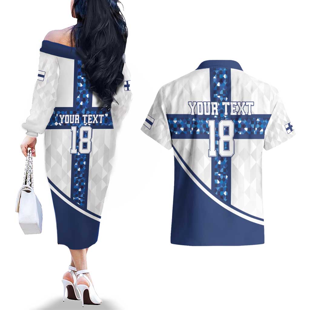 Custom Finland Football Couples Matching Off The Shoulder Long Sleeve Dress and Hawaiian Shirt Suomen jalkapallomaajoukkue