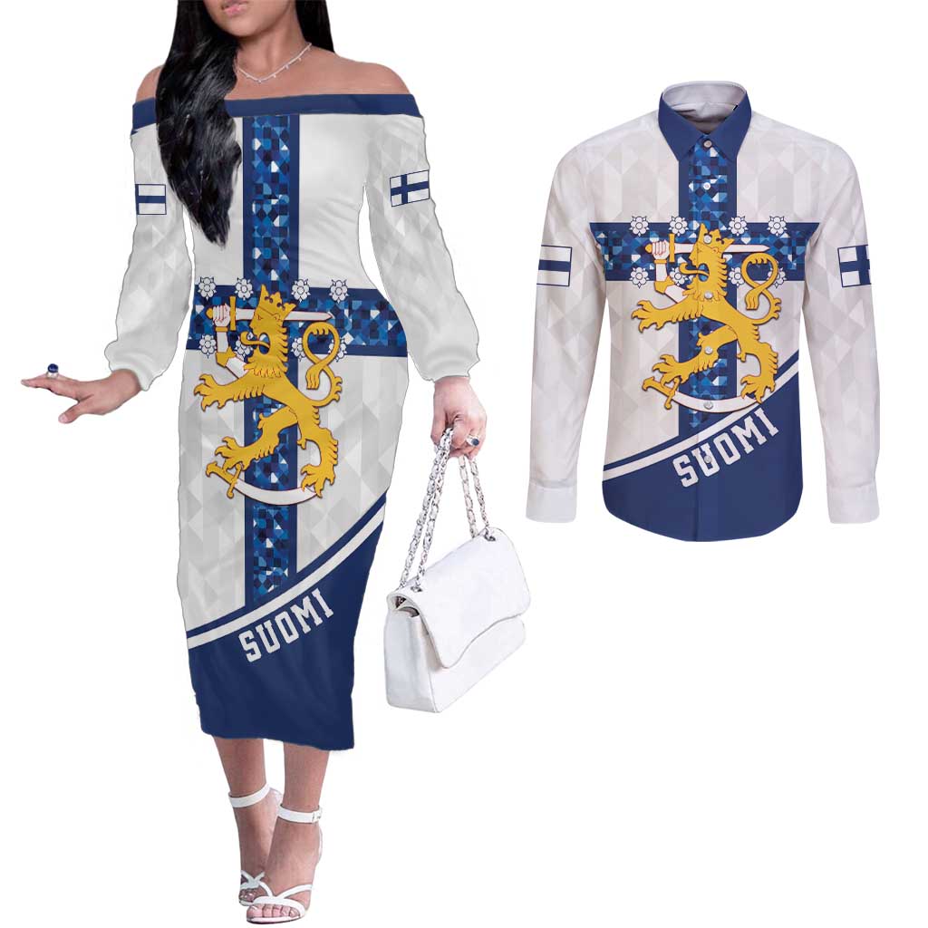 Custom Finland Football Couples Matching Off The Shoulder Long Sleeve Dress and Long Sleeve Button Shirt Suomen jalkapallomaajoukkue