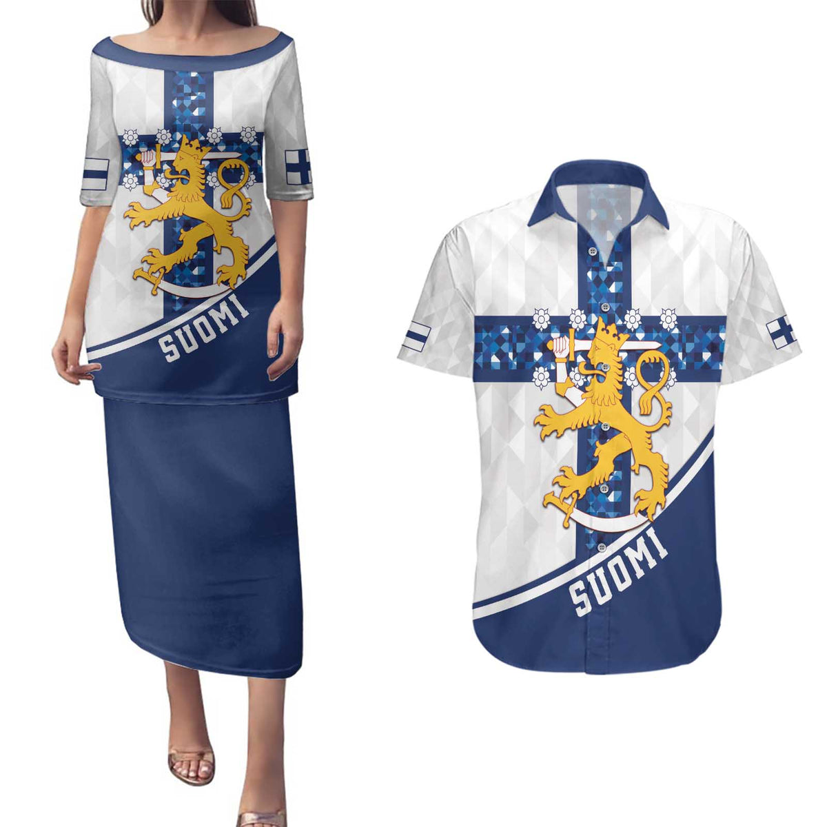 Custom Finland Football Couples Matching Puletasi and Hawaiian Shirt Suomen jalkapallomaajoukkue