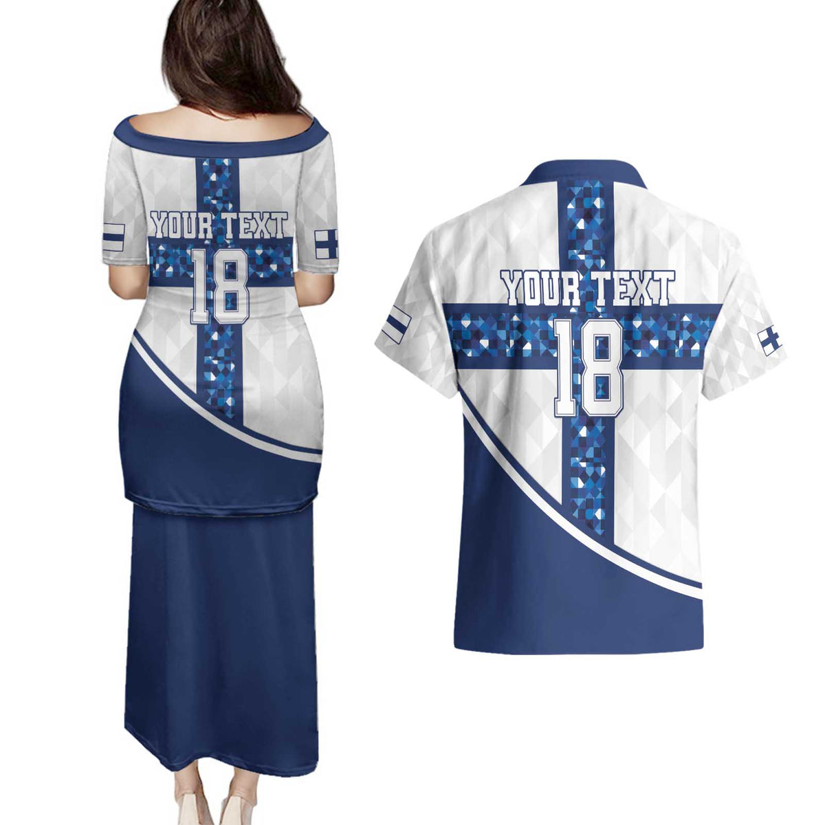 Custom Finland Football Couples Matching Puletasi and Hawaiian Shirt Suomen jalkapallomaajoukkue