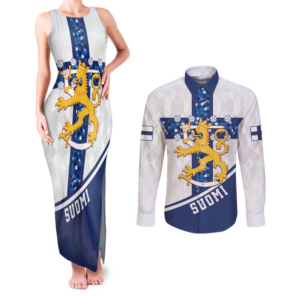 Custom Finland Football Couples Matching Tank Maxi Dress and Long Sleeve Button Shirt Suomen jalkapallomaajoukkue