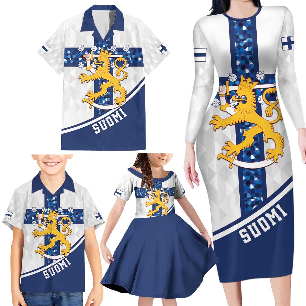 Custom Finland Football Family Matching Long Sleeve Bodycon Dress and Hawaiian Shirt Suomen jalkapallomaajoukkue
