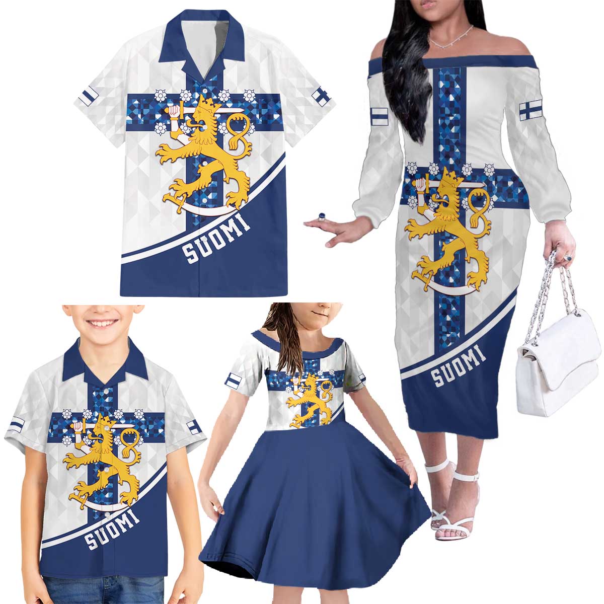 Custom Finland Football Family Matching Off The Shoulder Long Sleeve Dress and Hawaiian Shirt Suomen jalkapallomaajoukkue
