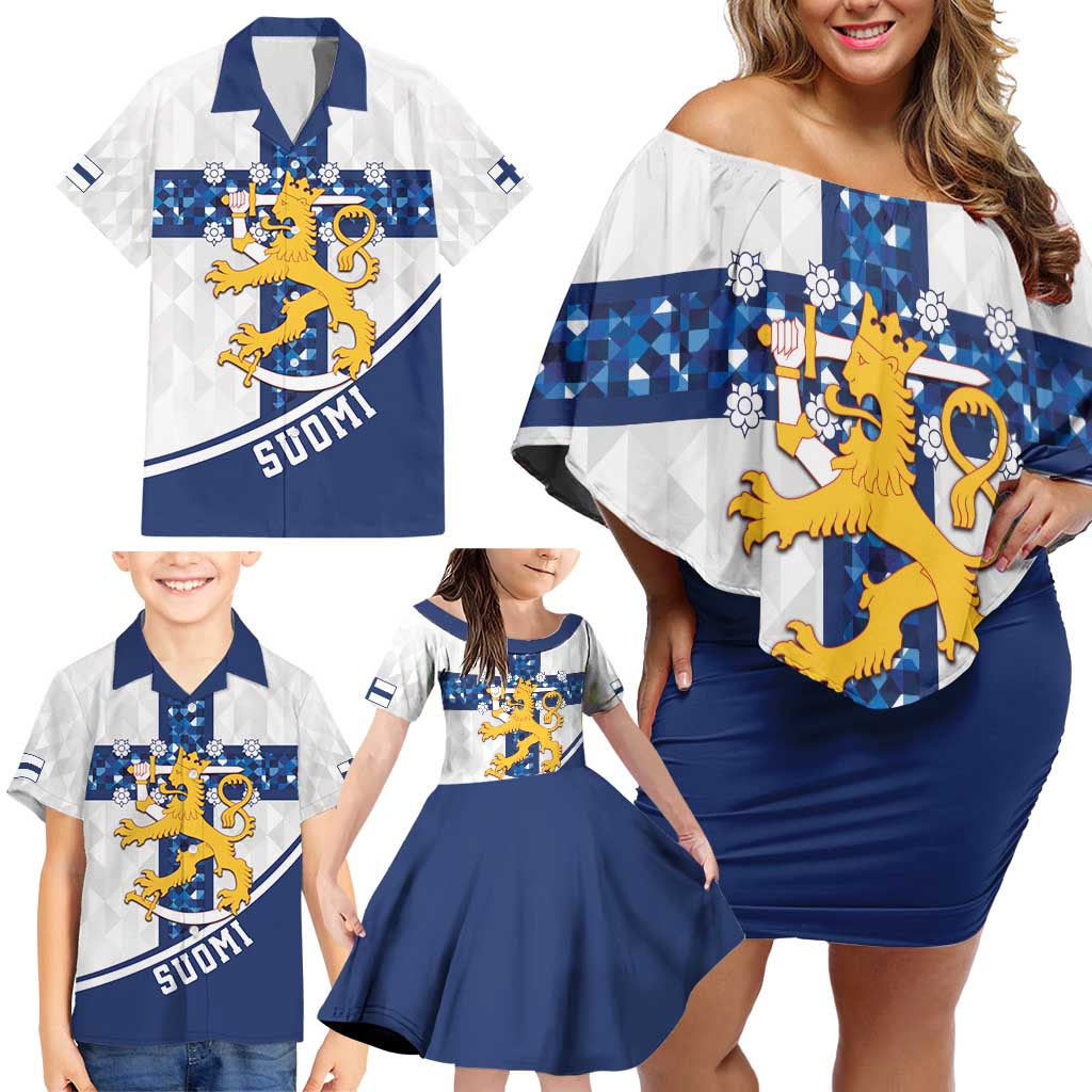 Custom Finland Football Family Matching Off Shoulder Short Dress and Hawaiian Shirt Suomen jalkapallomaajoukkue