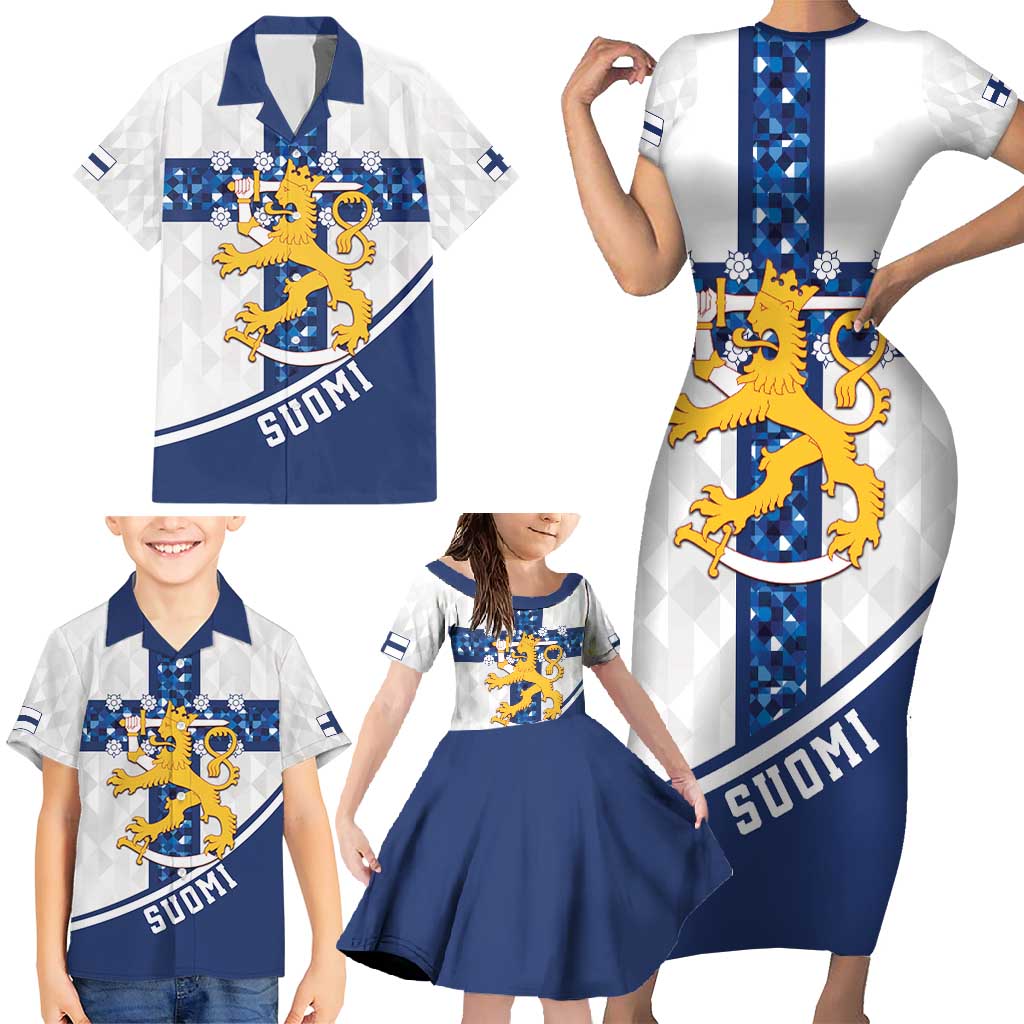 Custom Finland Football Family Matching Short Sleeve Bodycon Dress and Hawaiian Shirt Suomen jalkapallomaajoukkue