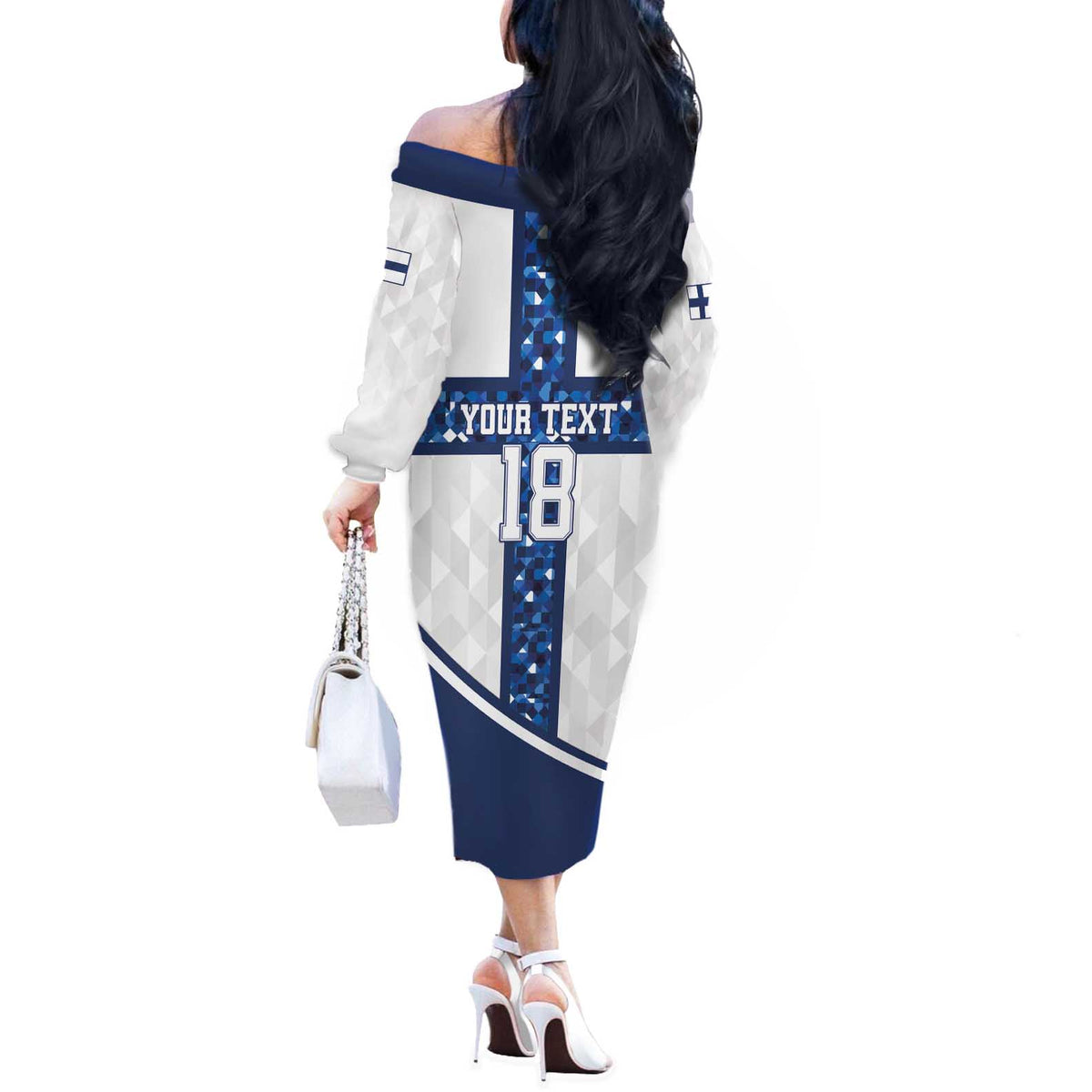 Custom Finland Football Off The Shoulder Long Sleeve Dress Suomen jalkapallomaajoukkue