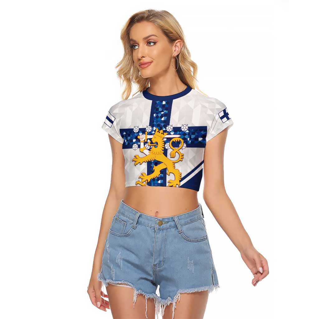 Custom Finland Football Raglan Cropped T Shirt Suomen jalkapallomaajoukkue