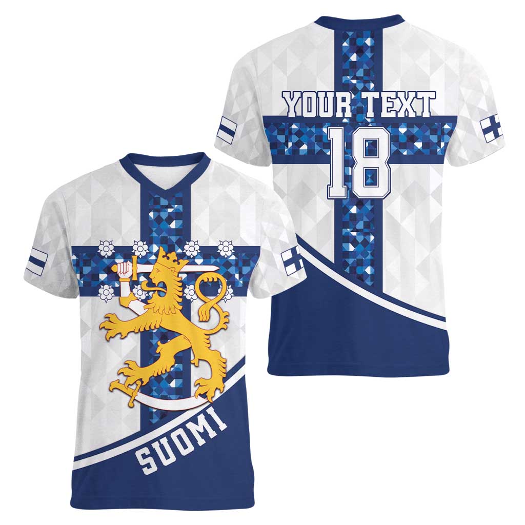 Custom Finland Football Women V-Neck T-Shirt Suomen jalkapallomaajoukkue