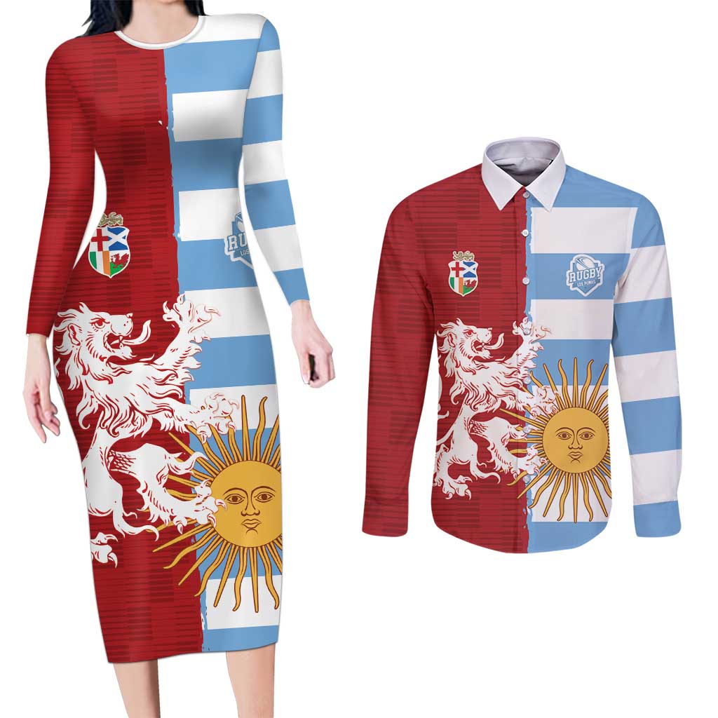 Custom British Lions Argentina Couples Matching Long Sleeve Bodycon Dress and Long Sleeve Button Shirt Unique Style - Wonder Print Shop