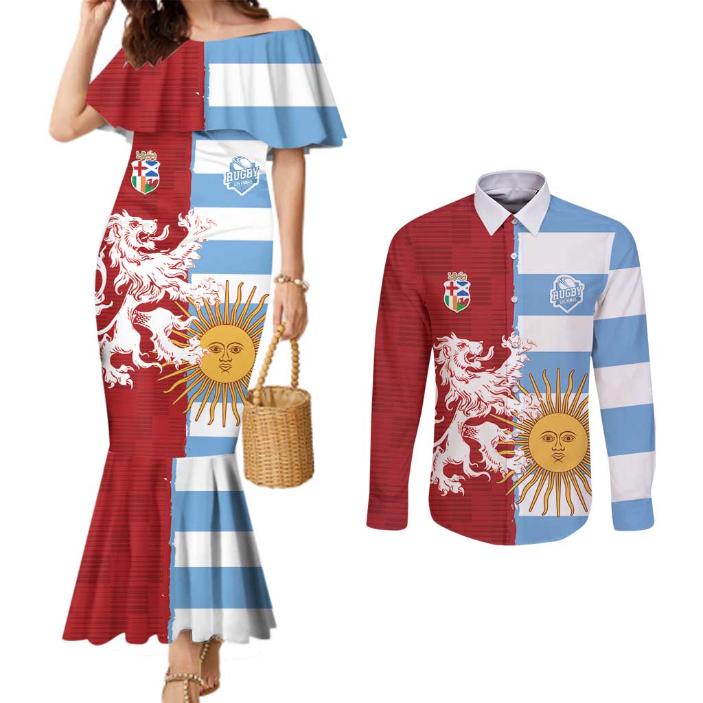 Custom British Lions Argentina Couples Matching Mermaid Dress and Long Sleeve Button Shirt Unique Style - Wonder Print Shop