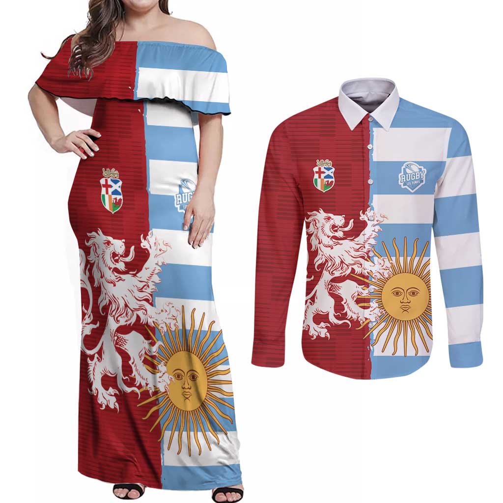 Custom British Lions Argentina Couples Matching Off Shoulder Maxi Dress and Long Sleeve Button Shirt Unique Style - Wonder Print Shop