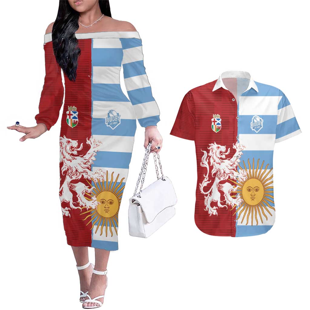 Custom British Lions Argentina Couples Matching Off The Shoulder Long Sleeve Dress and Hawaiian Shirt Unique Style - Wonder Print Shop